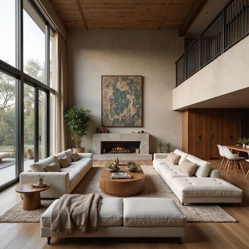 Elegant living room featuring high ceilings, large windows, and contemporary décor in Zimbabwe