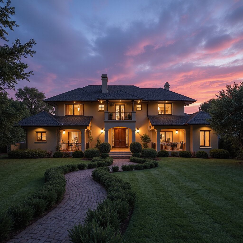 Luxury property exterior at sunset with manicured lawn and brick path in Zimbabwe