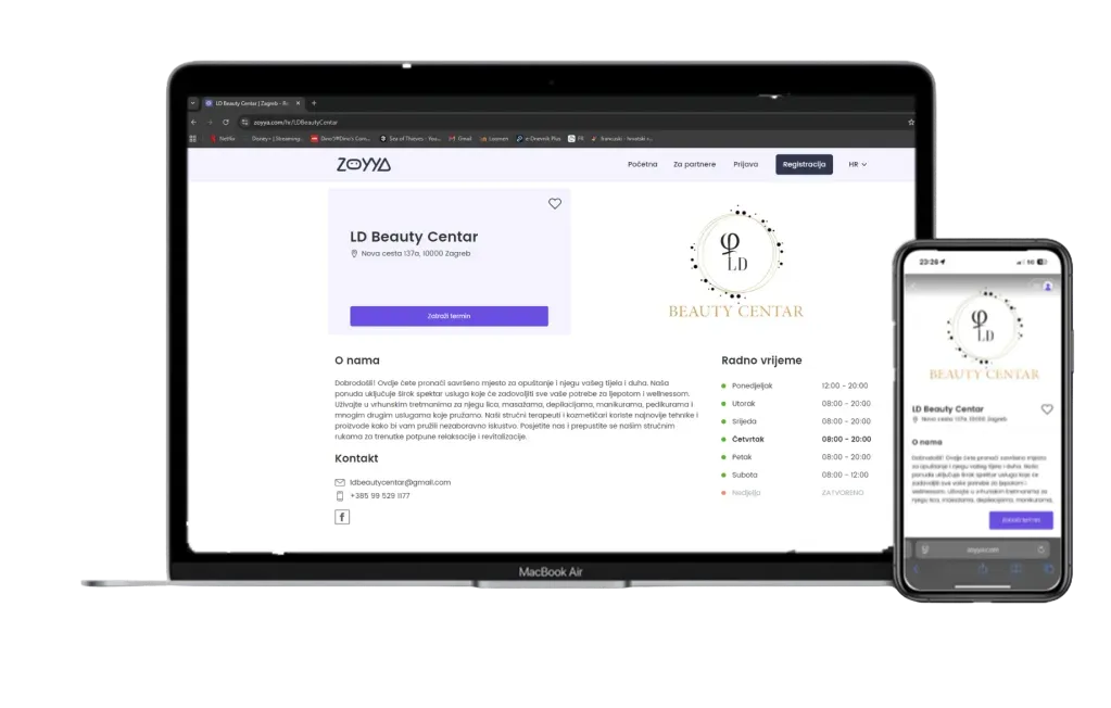 Laptop and phone displaying a website for a beauty clinic. White background, purple accents, logo.