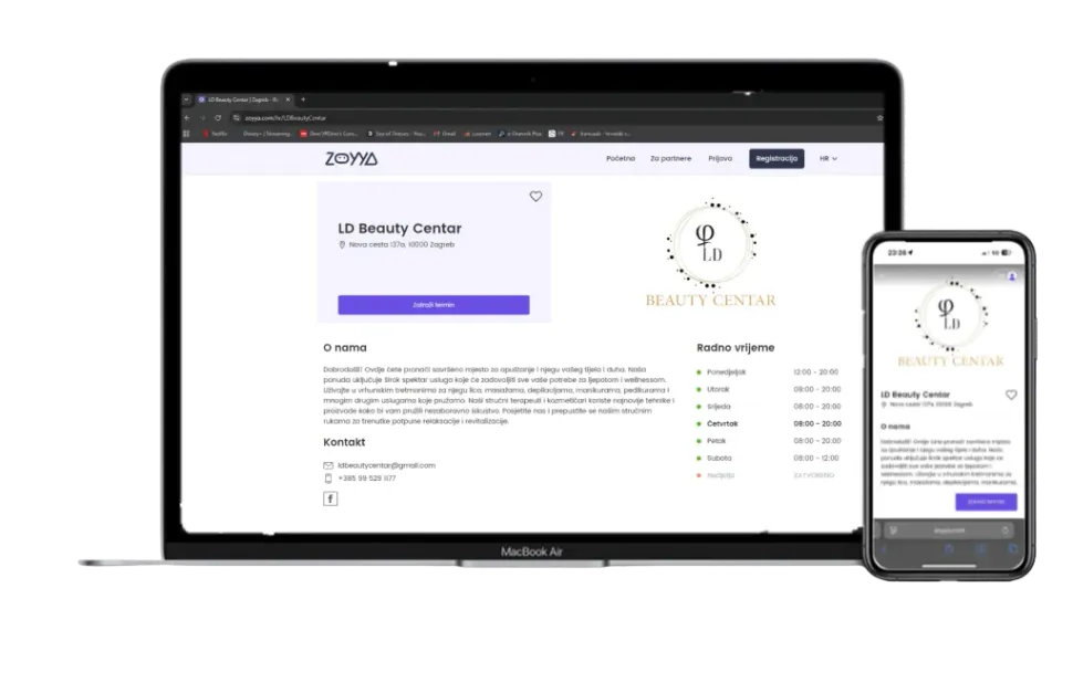 Laptop and phone displaying a website for a beauty clinic. White background, purple accents, logo.