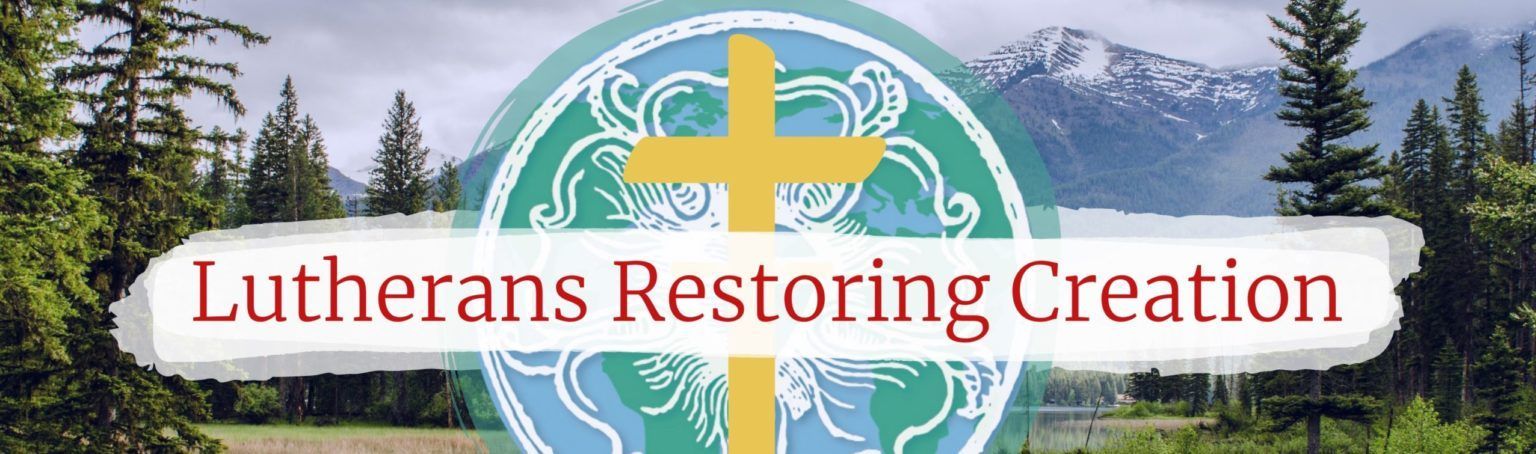 A logo for lutherans restoring creation with a cross and mountains in the background.