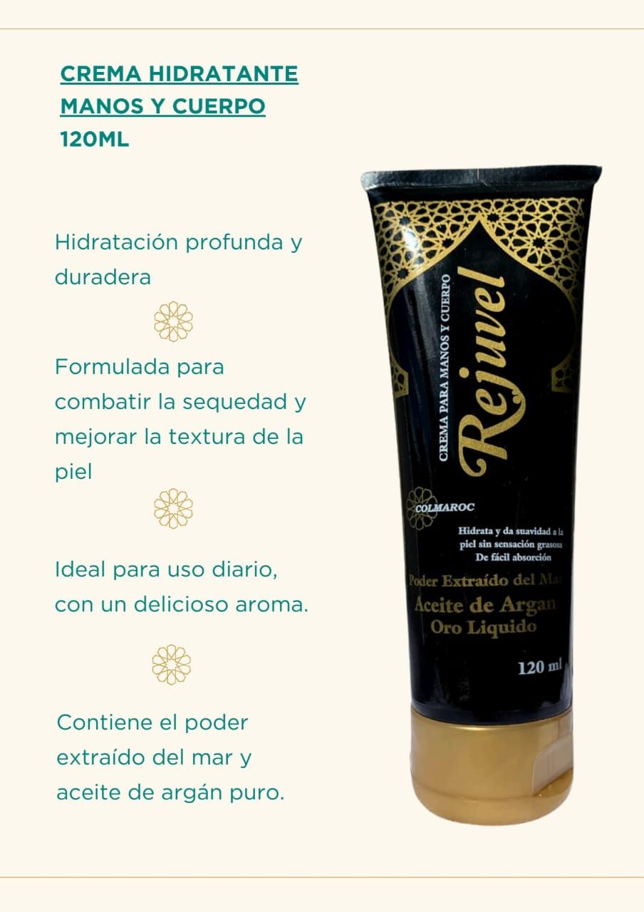 Un tubo negro y dorado de crema rejuvenecedora para manos y cuerpo.
