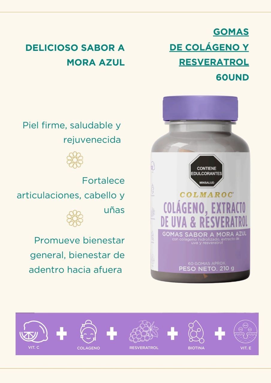 A bottle of gomas de colageno y resveratrol 60und.