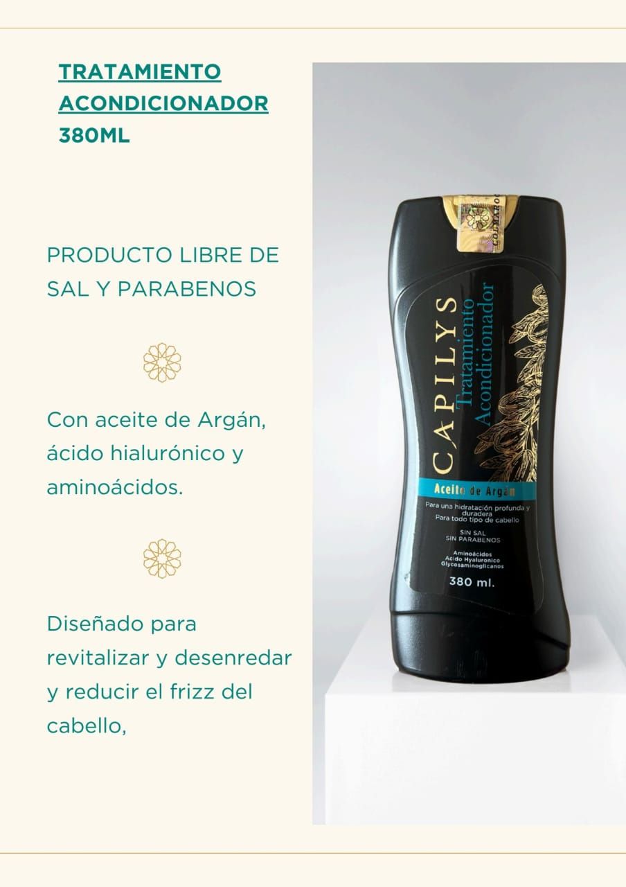 Una botella de acondicionador Capilys está sobre una mesa blanca.