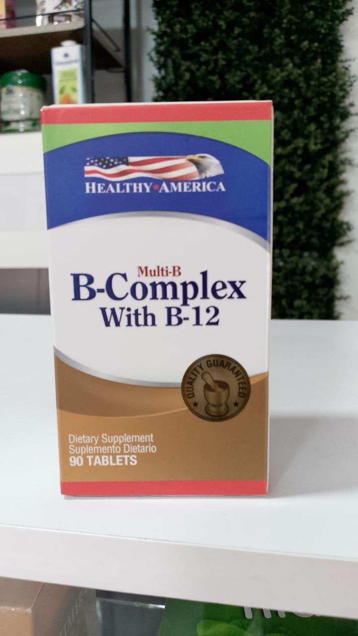 Una caja de Healthy America B Complex con tabletas de B-12