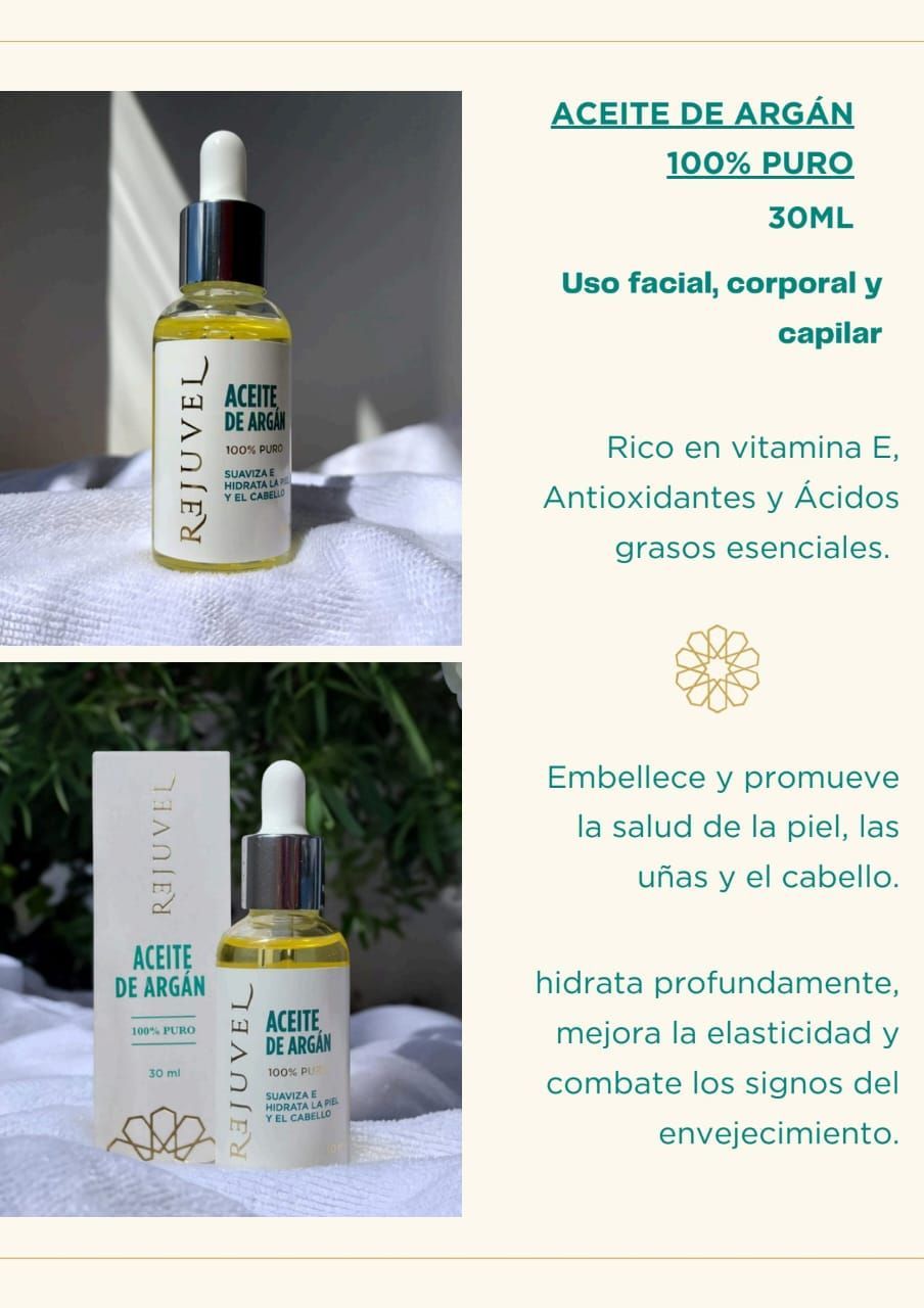 Una botella de aceite de argán 100% puro de 30 ml está sobre una mesa.