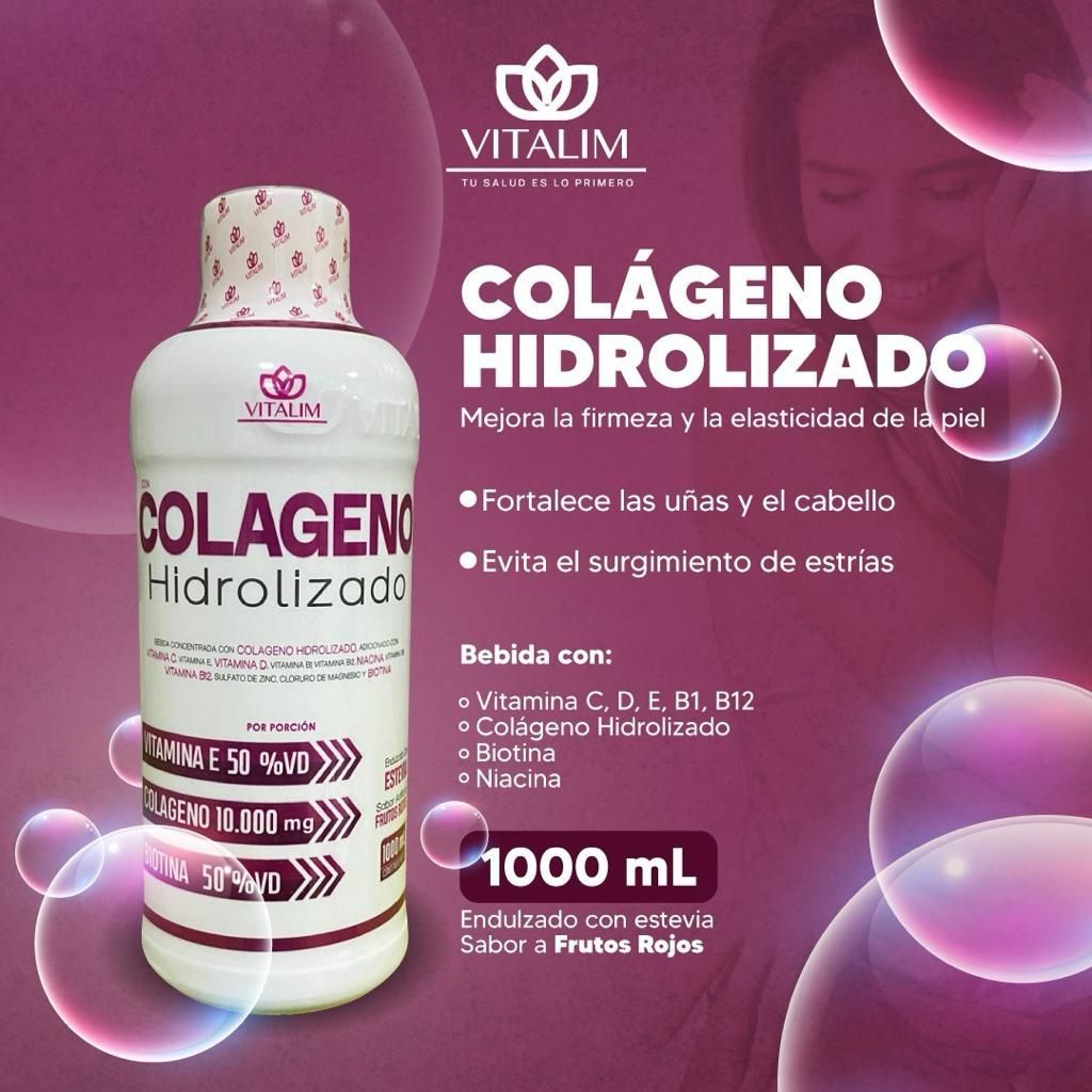 Una botella de colágeno hidrolizado está rodeada de burbujas.