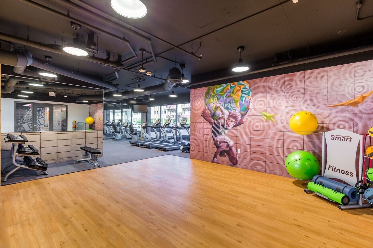 Gym interior with treadmills, weights, and exercise balls on wooden floor. Mural on wall.