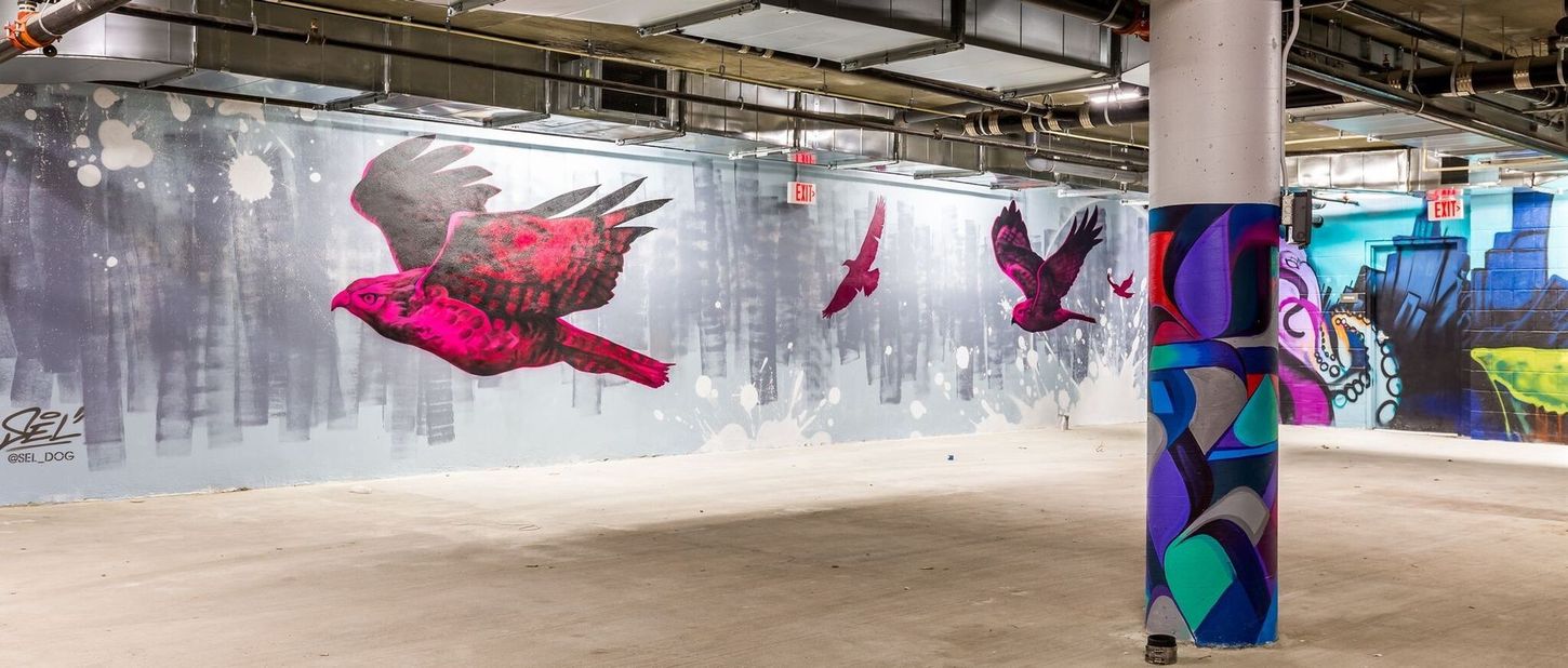 Graffiti art of colorful birds flying across a gray cityscape painted on a wall. A decorative column is in the center.