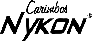 Um logotipo preto e branco para carimbos nykon em um fundo branco.