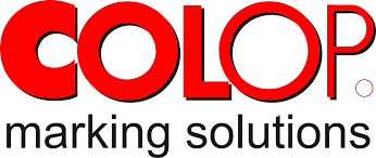 Um logotipo vermelho e branco para soluções de marcação colop