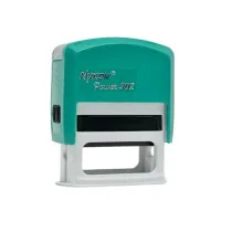 Carimbo autoentintado nas cores verde-azulado e branco. O carimbo possui a marca 