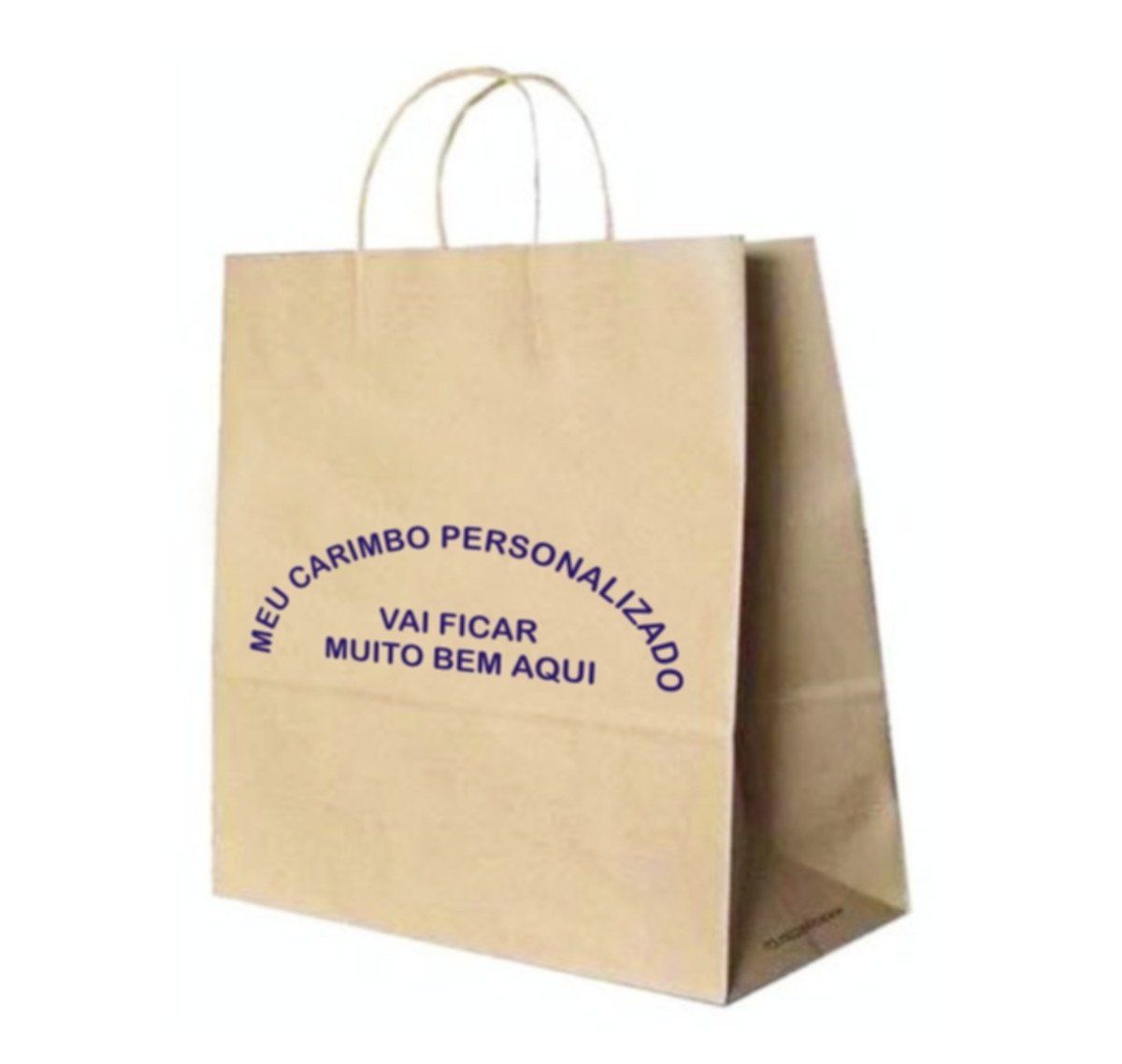 A brown paper bag that says meu carimbo personalizado vai ficar muito bem aqui