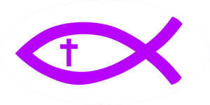 A purple fish with a cross inside of it.