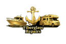 A gold anchor between a motorboat and an RV, with the text "Fiberglass Repairs" below in a gold font.