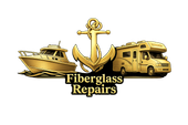 A gold anchor between a motorboat and an RV, with the text "Fiberglass Repairs" below in a gold font.