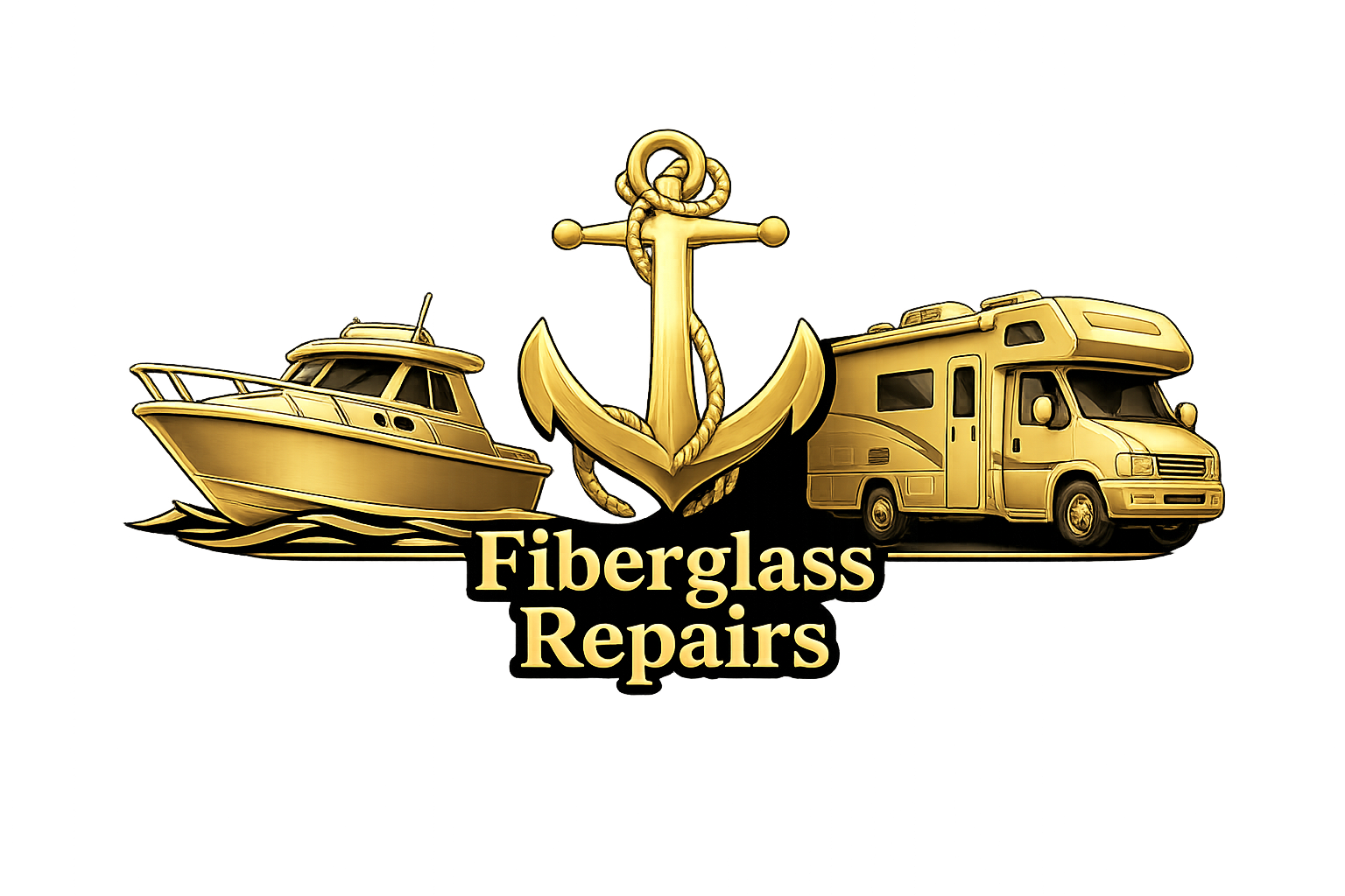 A gold anchor between a motorboat and an RV, with the text "Fiberglass Repairs" below in a gold font.