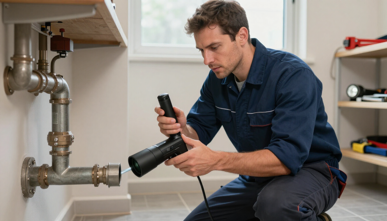 Plumber inspecting drain