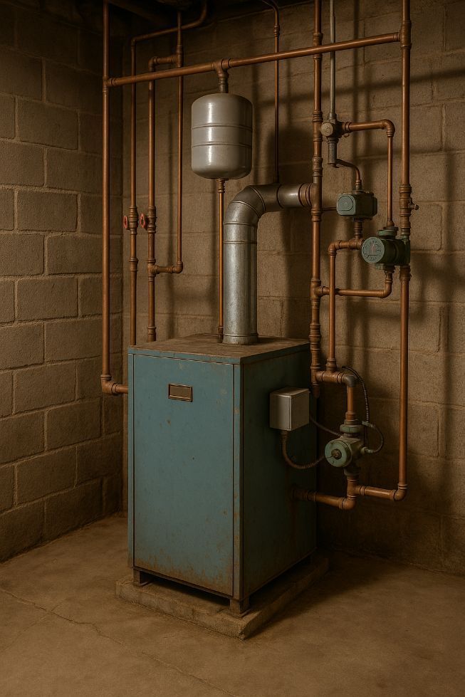 Blue boiler with copper pipes against a gray brick wall.
