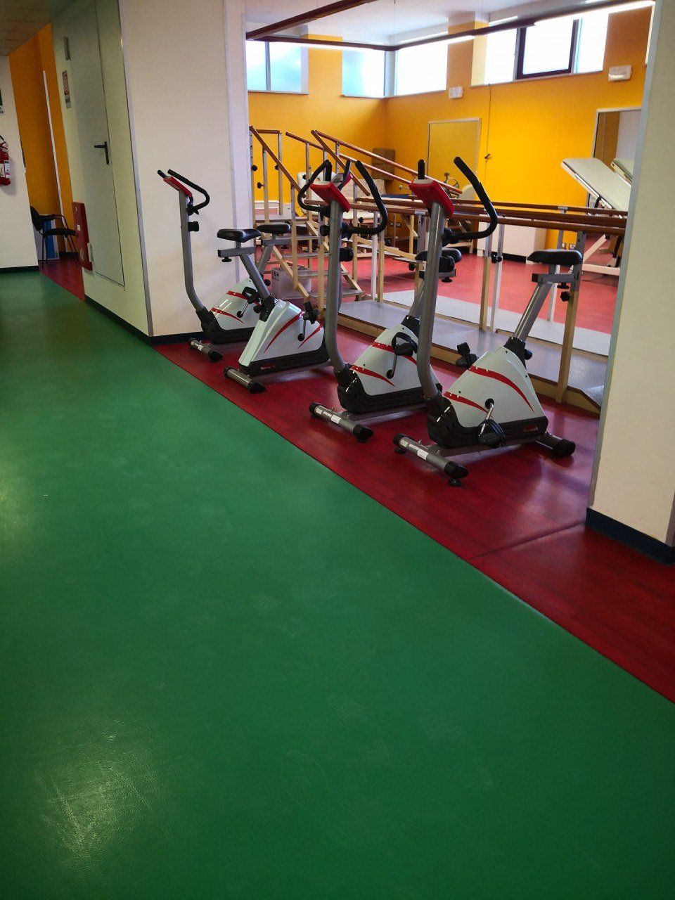 pavimento rosso e verde in linoleum in una palestra