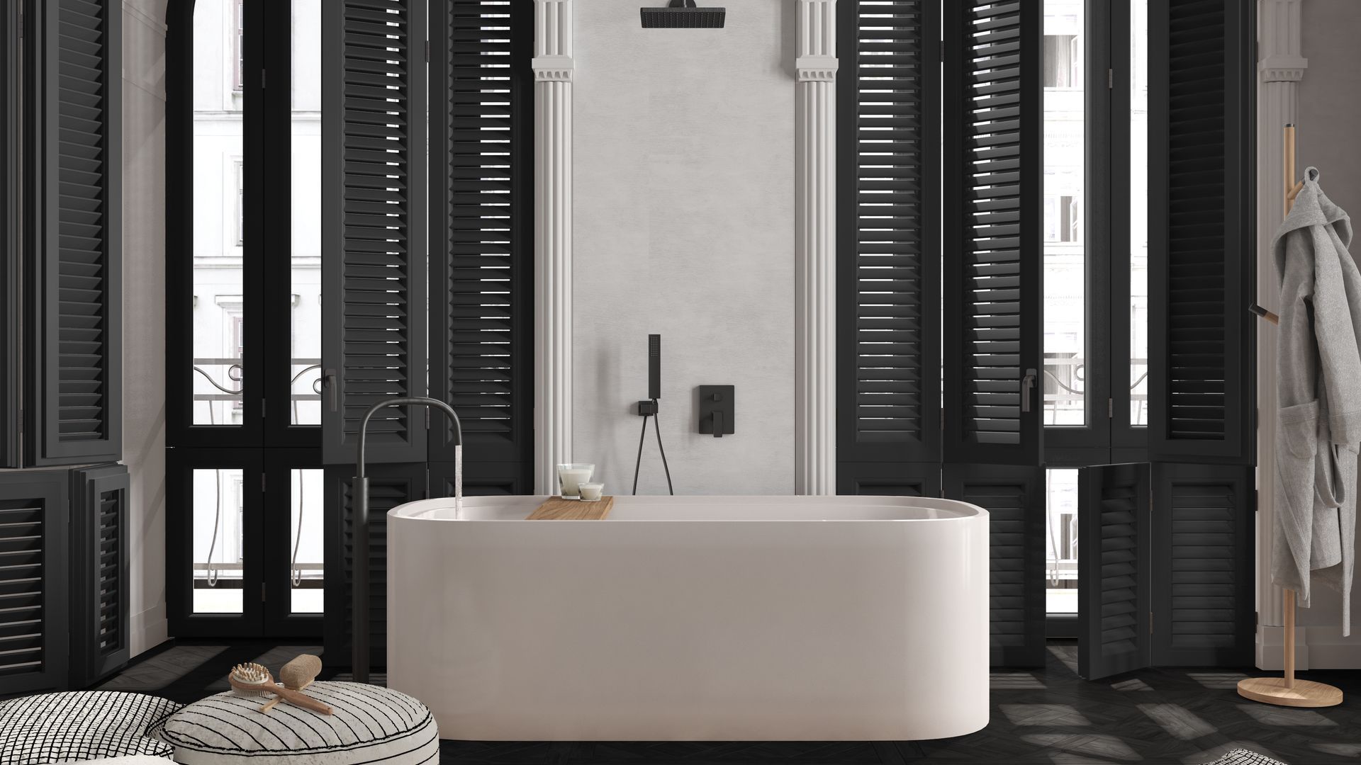 Modern bathroom in dark tones in classic apartment with window.