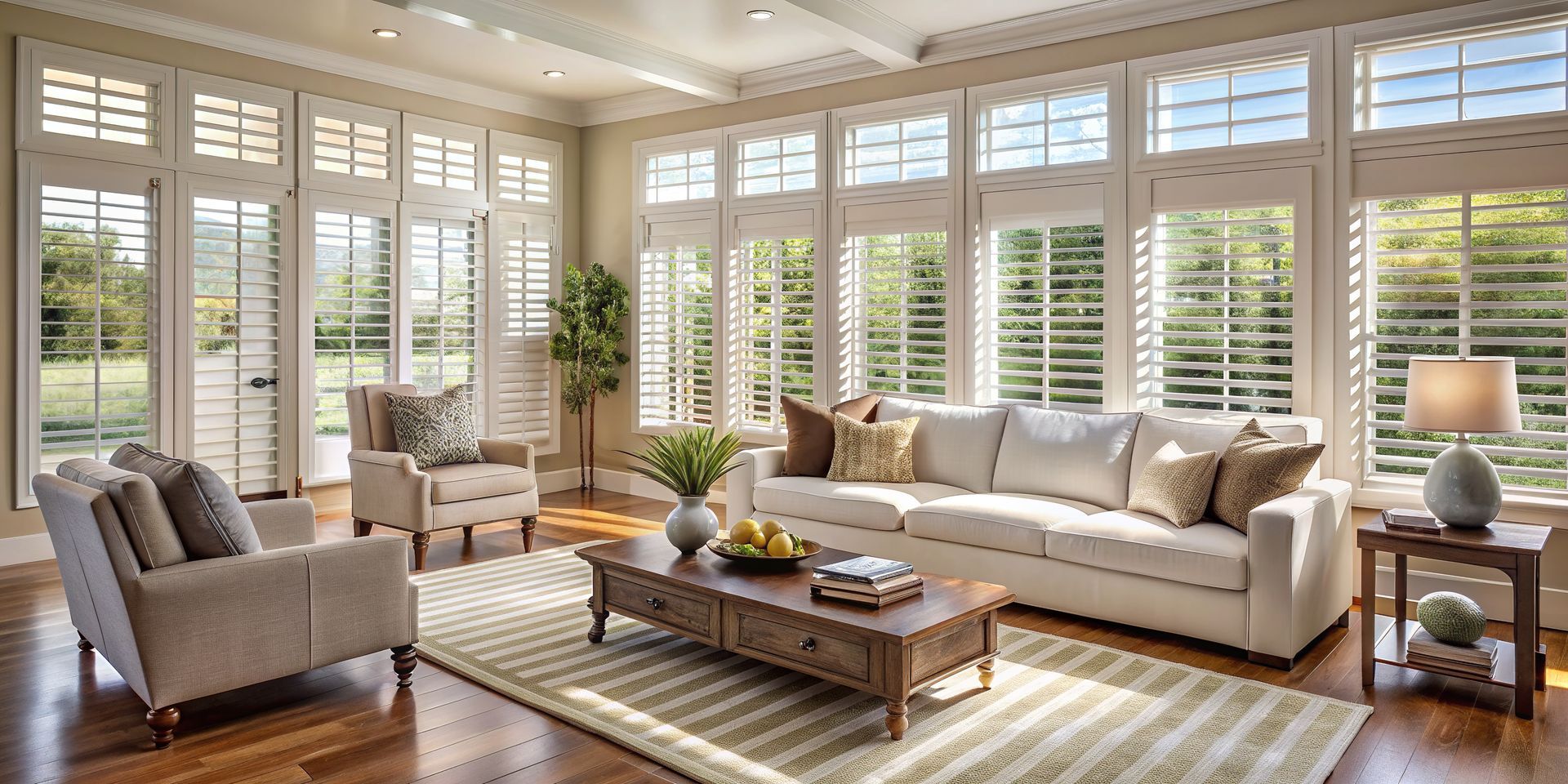 Bright living room featuring elegant interior shutters on large windows.