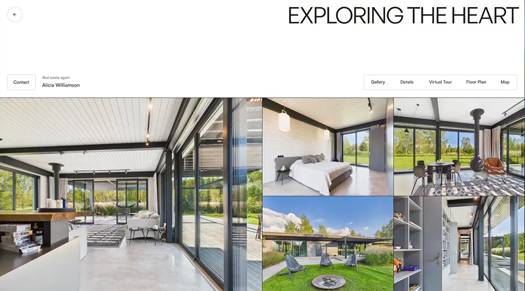 Modern home interior with large windows, showcasing rooms with nature views.