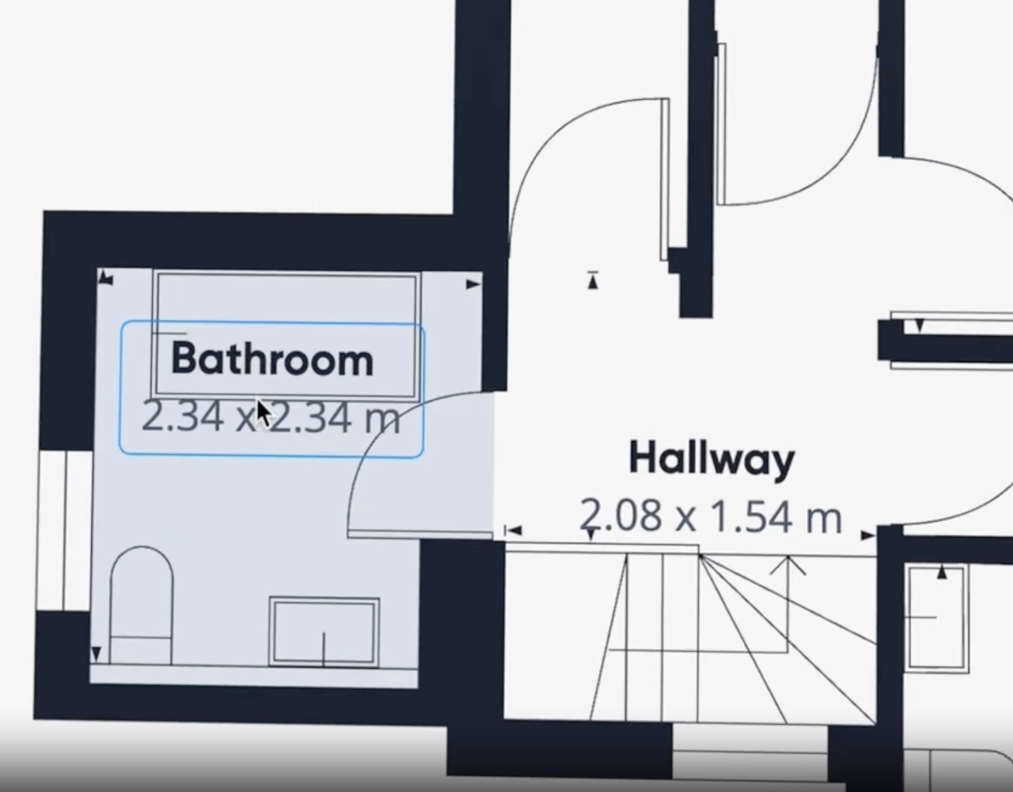 Floor plan: Bathroom (2.34m x 2.34m) and hallway (2.08m x 1.54m), light blue overlay with dimensions.