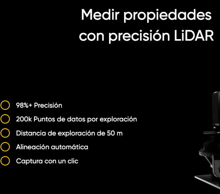 A promotional graphic with text listing LiDAR features: high precision, data points, exploration distance, automatic alignment, and one-click capture.
