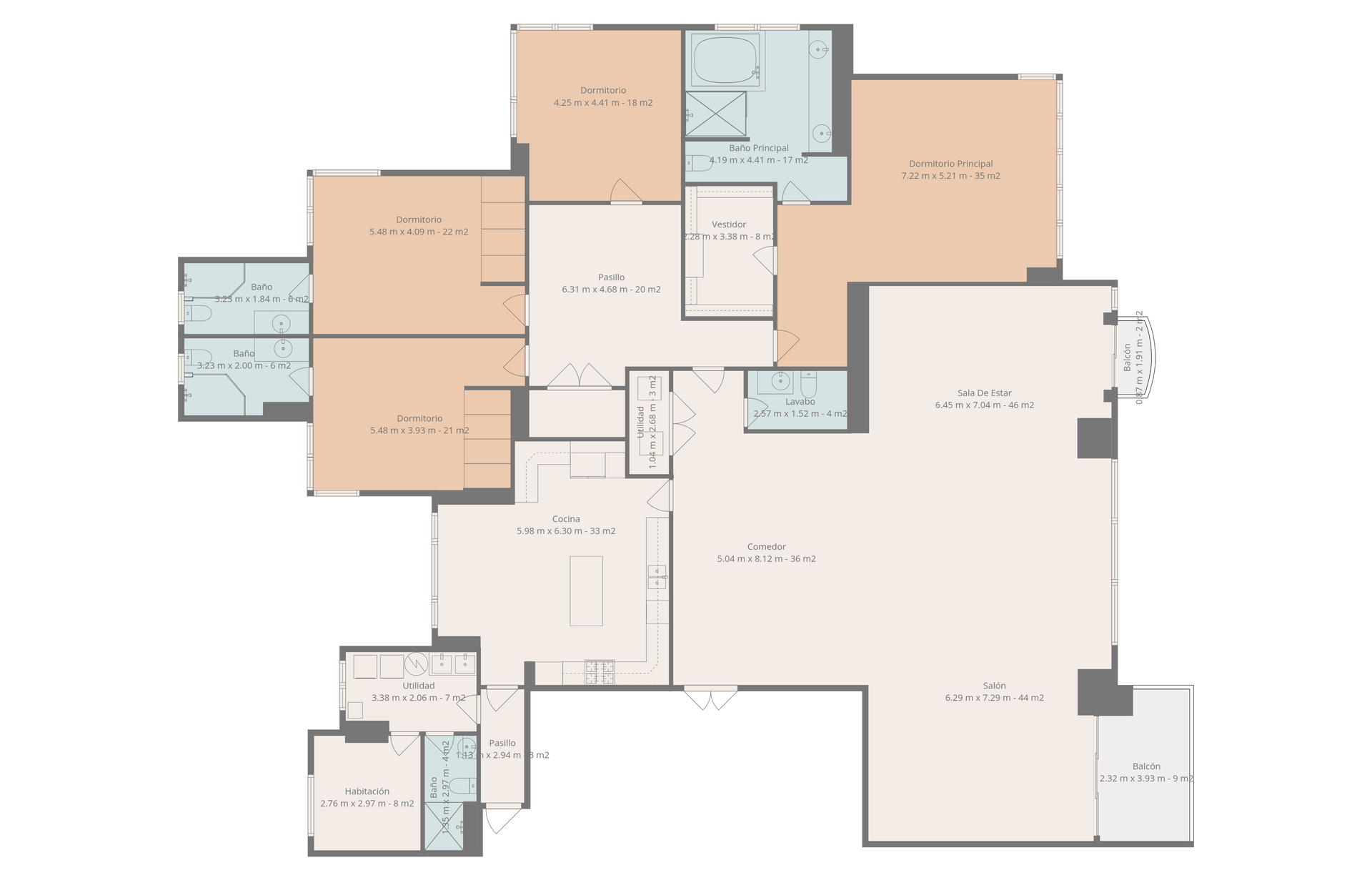 Floor plan of a house with rooms in various colors.