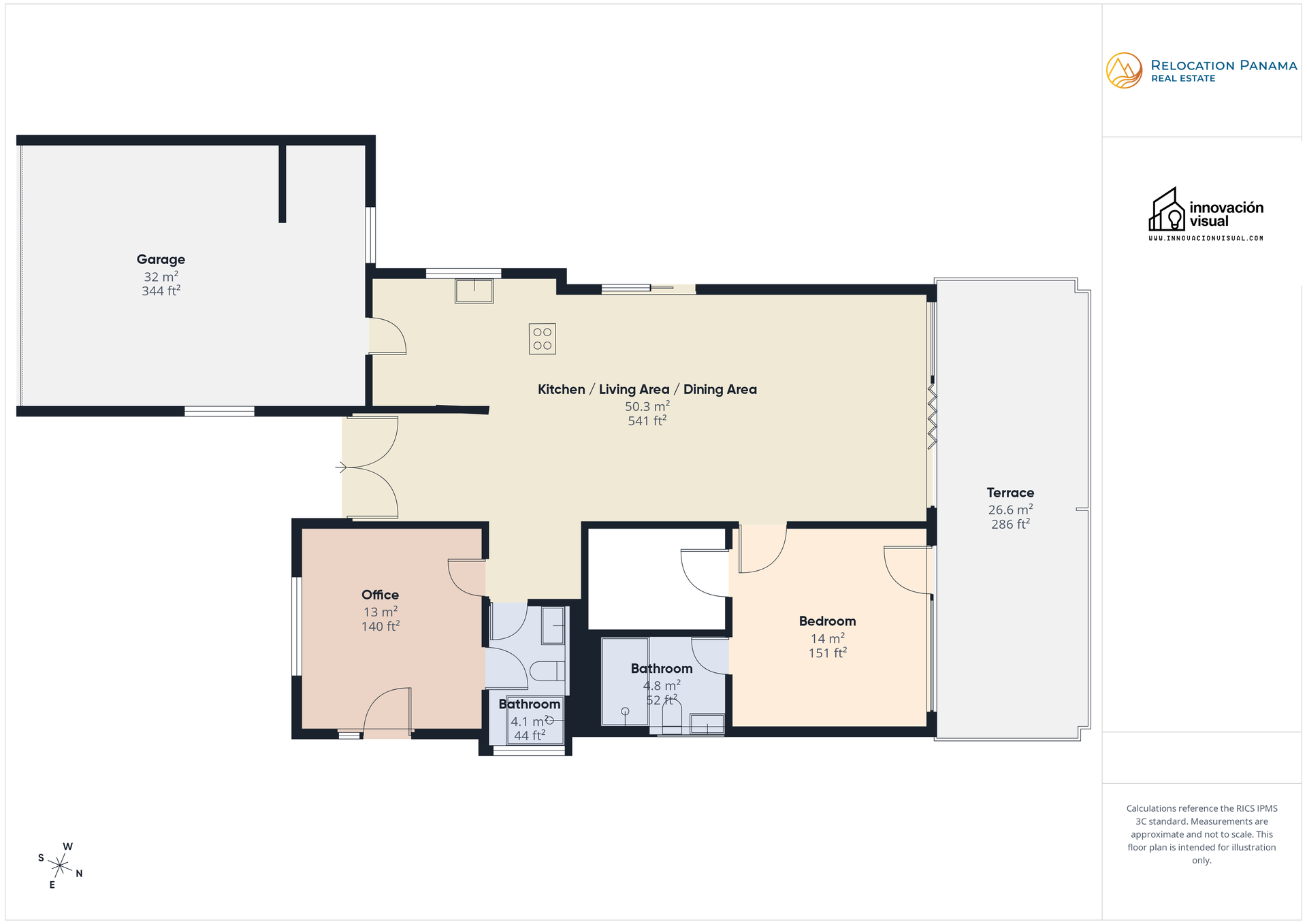 Plano de una vivienda que incluye cocina, salón-comedor, dos dormitorios, dos baños, terraza y garaje.