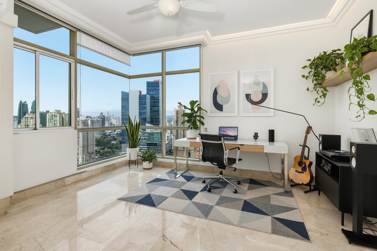 Bright home office with city view, desk, plants, guitar, and modern decor.