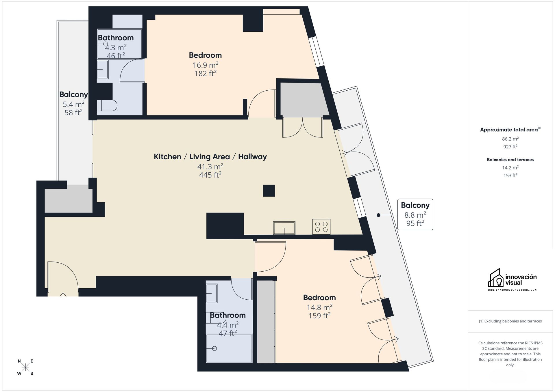 Plano de una vivienda de dos dormitorios con dos baños, cocina-salón y dos balcones. en casco viejo Mansion Baluarte