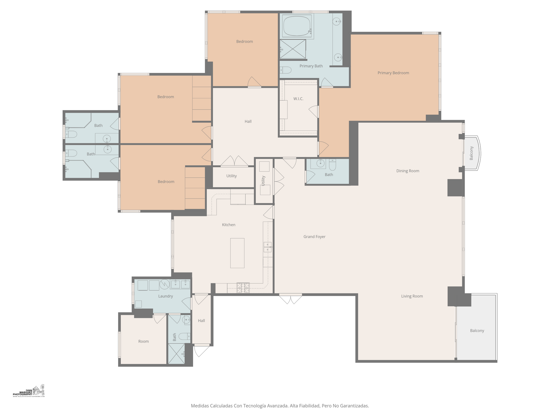 Plano de una casa, habitaciones coloreadas. Se ven habitaciones en beige, azul y naranja, con áreas etiquetadas.