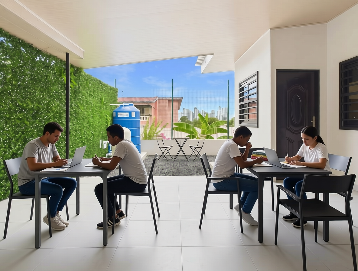 Cuatro personas estudian con sus portátiles en dos mesas situadas en un patio luminoso y moderno con una pared vegetal y vistas al horizonte de la ciudad. en Bethania, Ciudad de Panamá. Fotografía de real estate