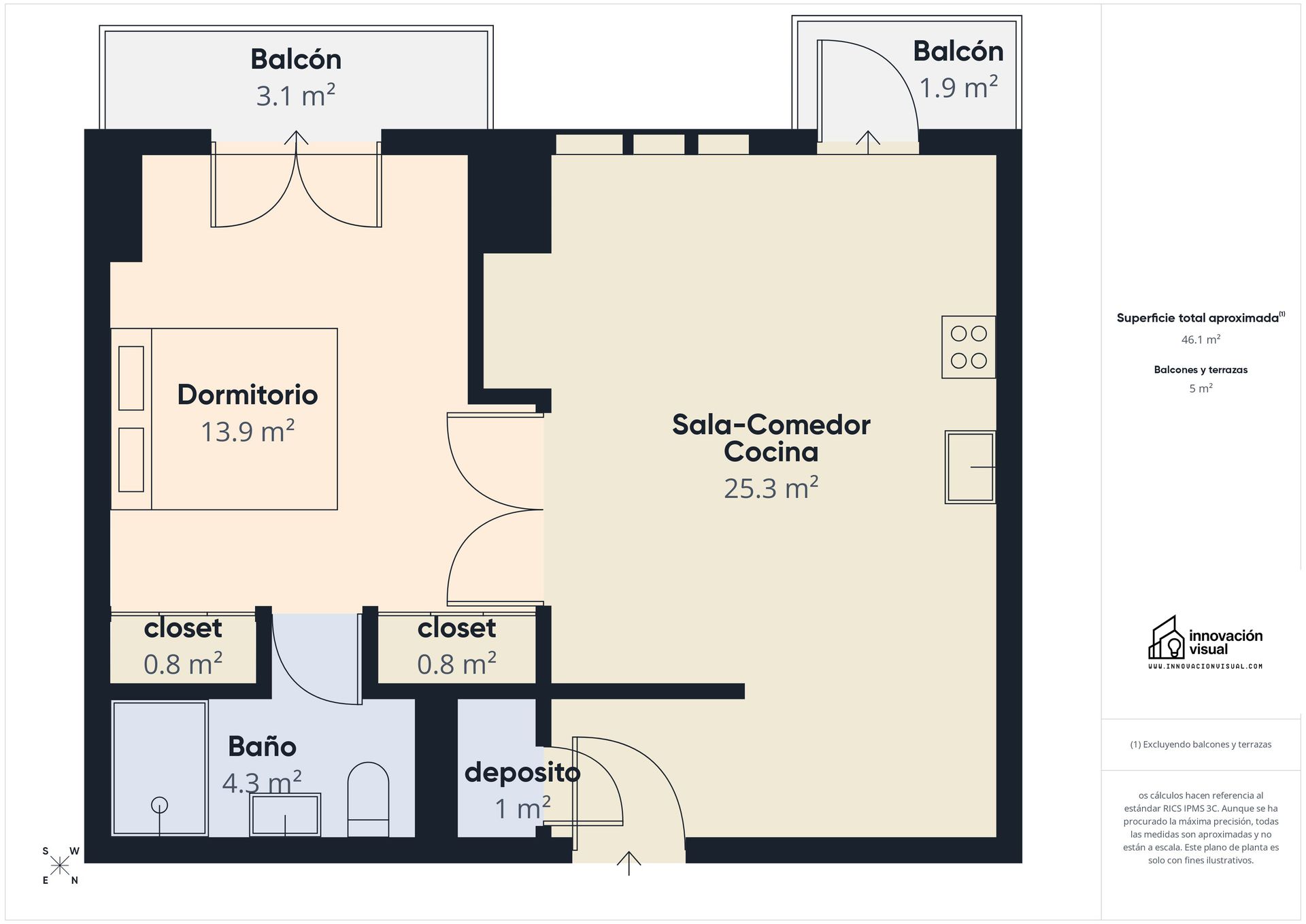 innovacion visual Floor plan of an apartment with a bedroom, living/dining/kitchen area, balcony, and closet.