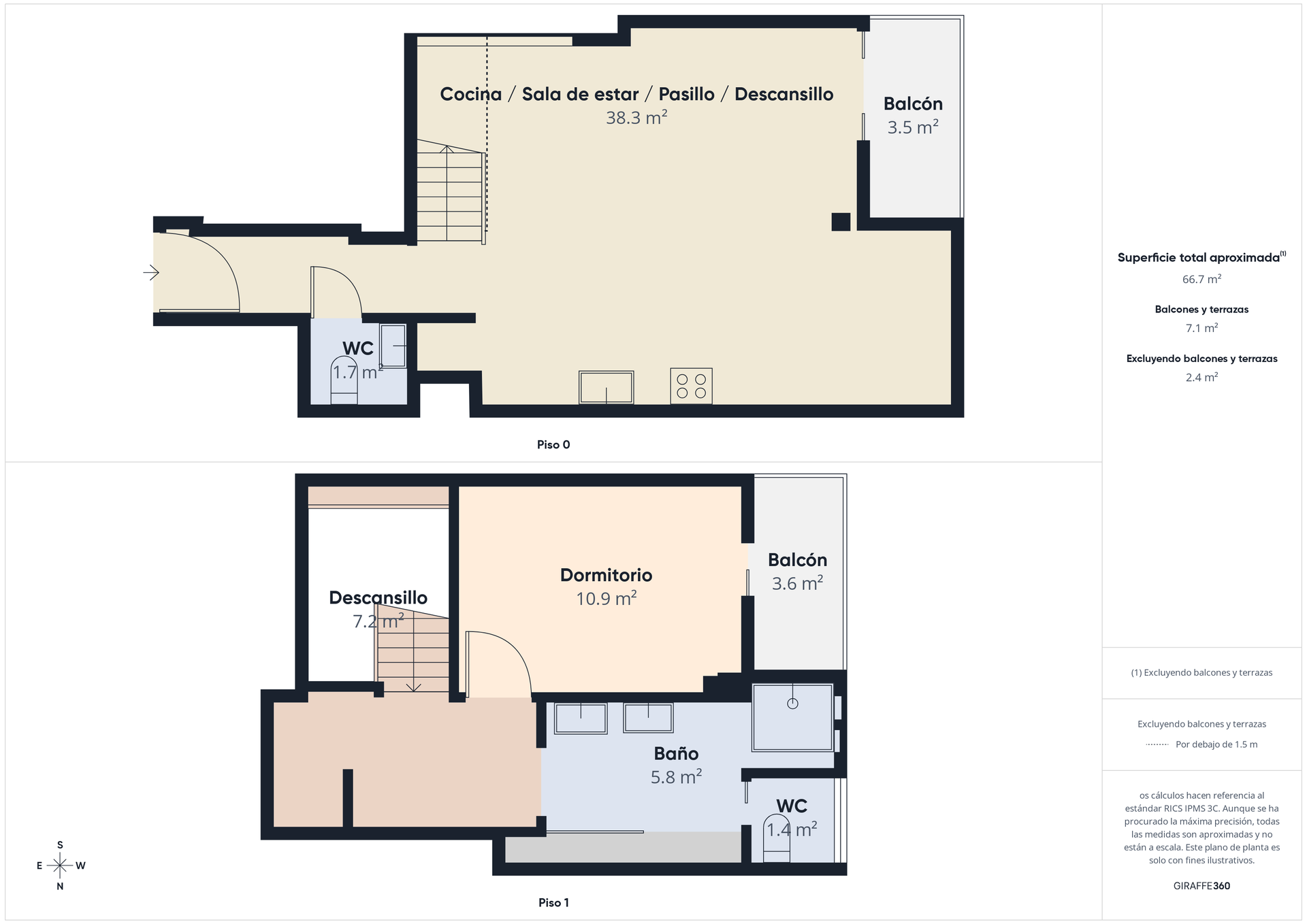 Plano de planta que muestra dos niveles; sala de estar y dormitorio; puertas, ventanas y accesorios.