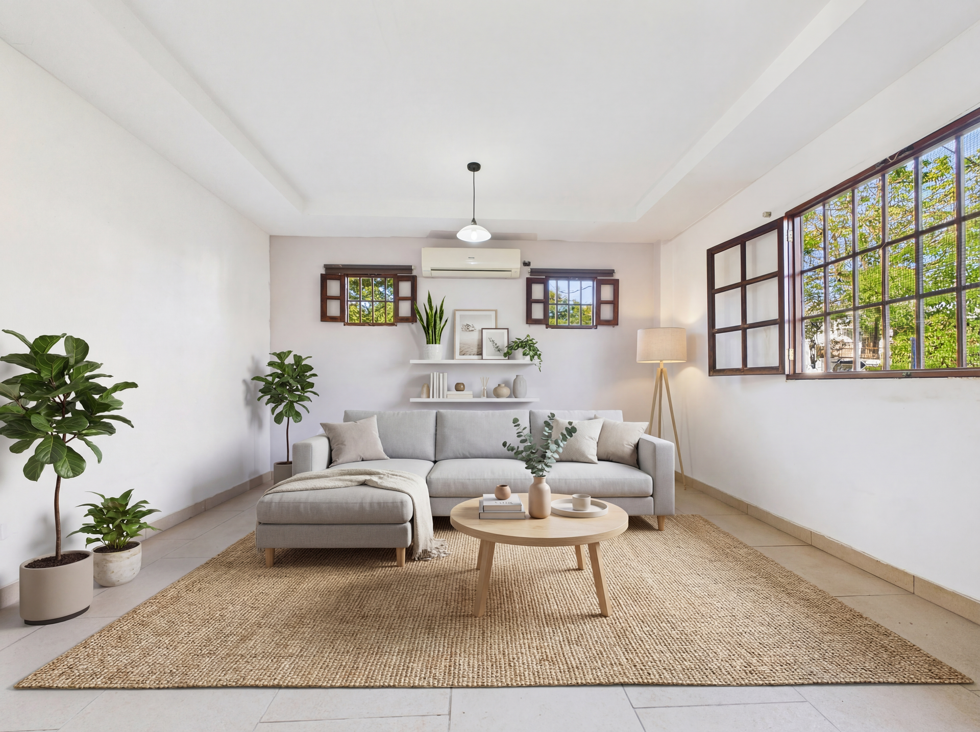 Sala de estar con sofá gris, alfombra de yute, plantas, mesa de centro y ventanales con vistas a la vegetación.
