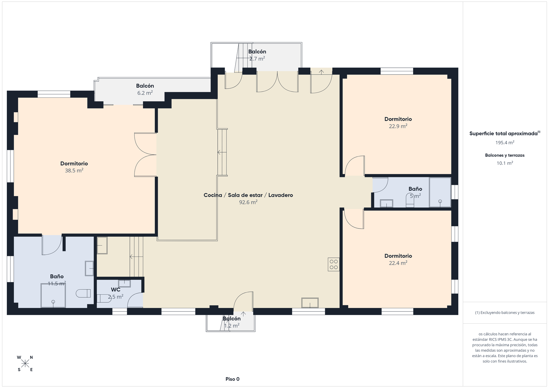 Plano de una casa con las estancias etiquetadas: salón, dormitorios, baño, cocina y entrada.