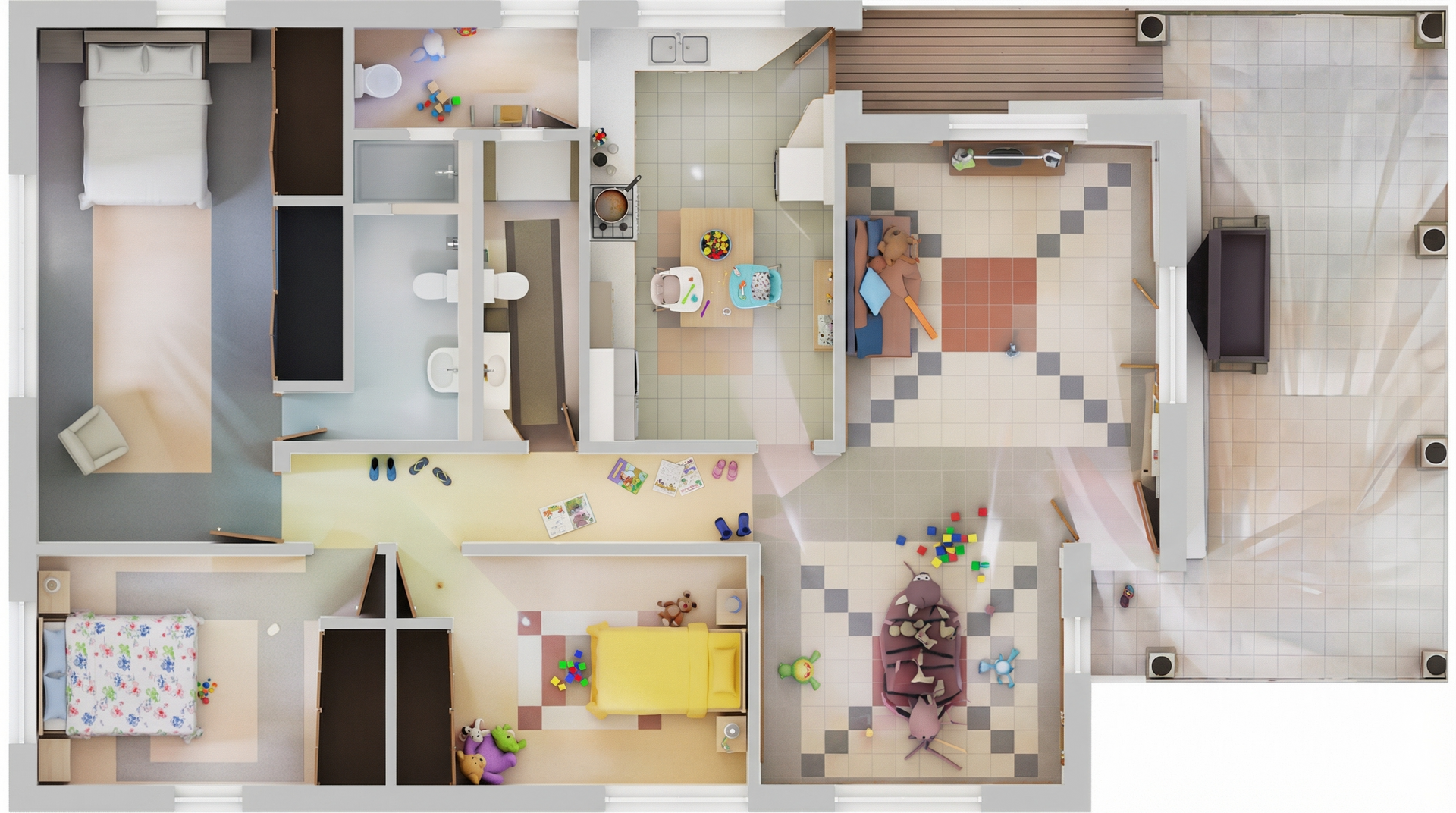 Render y plano 3D de distribución estructural para propiedad en venta en Antón.