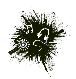 Dark splattered graphic with musical notes, headphones, and sun symbol.