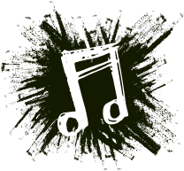 White musical note on a dark green, splash-like background.