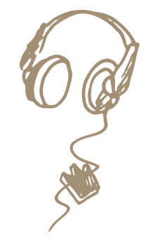 Tan line drawing of headphones with a plug attached.