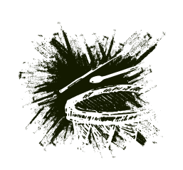 Drum with drumsticks, black and white illustration.