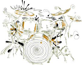 Abstract illustration of a drum set in shades of brown, black, and white with a swirling design.