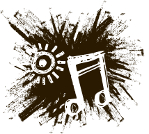 Music note and sun graphic in white on a dark brown, textured background.