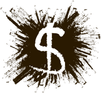 White dollar sign in a brown, splattered burst.