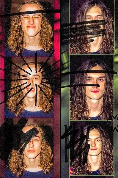A collage of six headshots of a young man with long, curly hair. Some are vandalized with black marks.