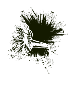 White sketched gramophone in black ink splatter.