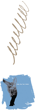 Spiral design with a blue box containing a person standing with their arms up in the air.